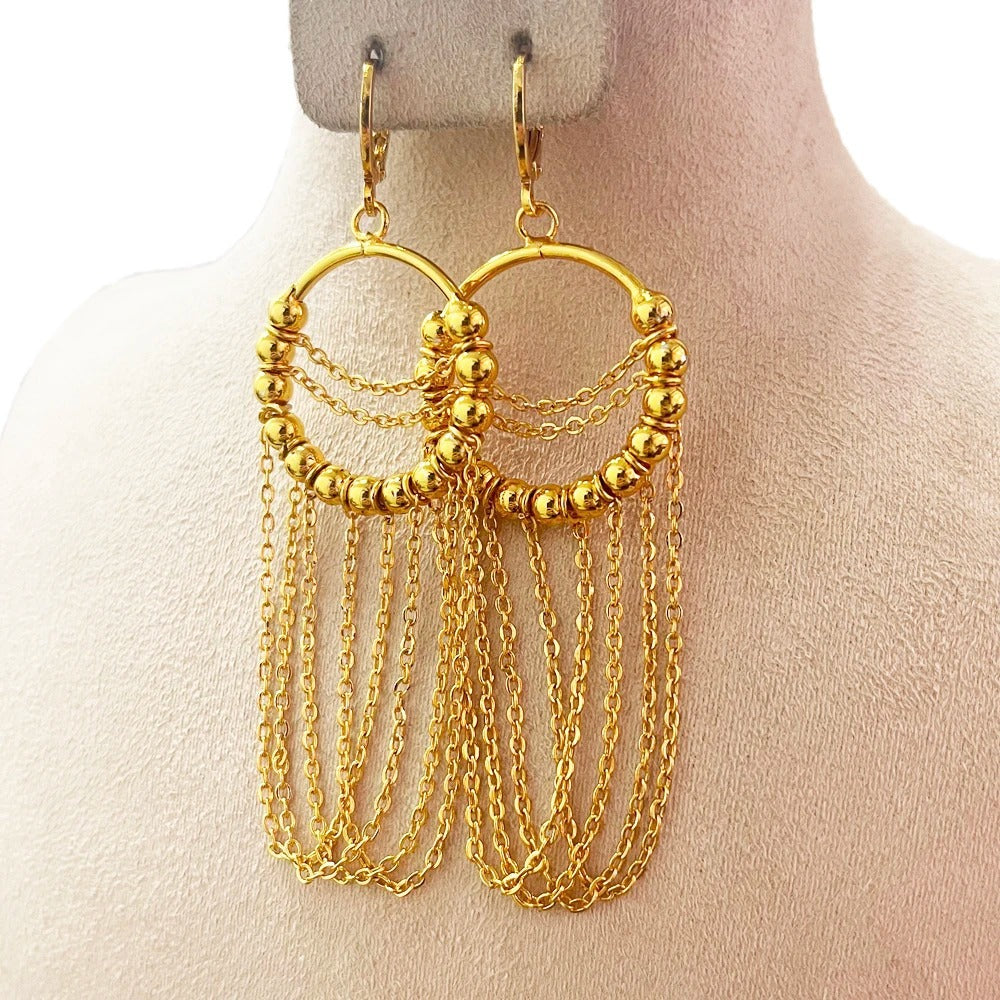 hot-selling golden high-end exquisite exaggerated round tassel earrings hoop ball earrings