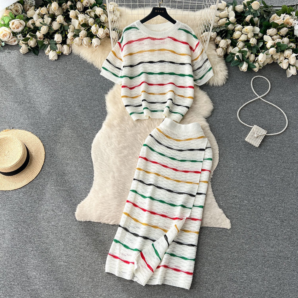 Korean chic retro striped color block set - women's loose fit crew neck short sleeve knit top & high waist bodycon midi skirt