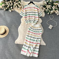 Korean chic retro striped color block set - women's loose fit crew neck short sleeve knit top & high waist bodycon midi skirt
