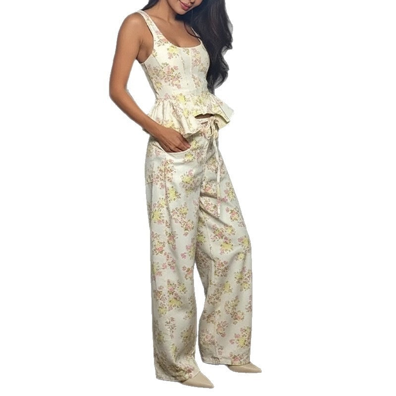 summer new arrivals: cross-border fashion women's clothing - european and american style, trendy vacation-inspired printed ruffle trim casual set