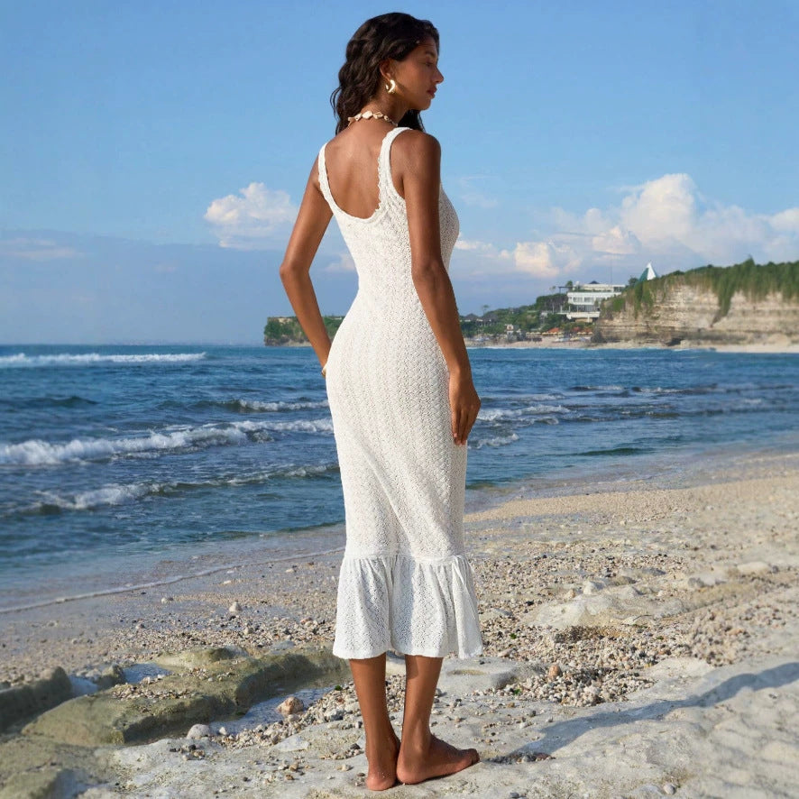 hollow-out knit cami dress - women's european & american style vacation dress, slim fit, ruffle hem bodycon maxi dress