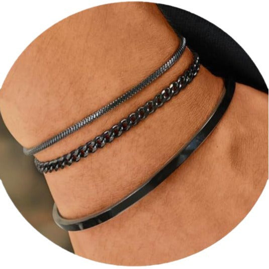 New fashion stackable cuff stainless steel bracelet 3-piece layered bangle snake chain cuban chain bracelet set