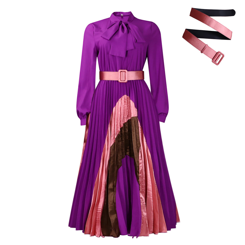 D547 european and american plus size women's clothing  autumn new arrival tie-waist pleated long sleeve color block elegant cross-border dress