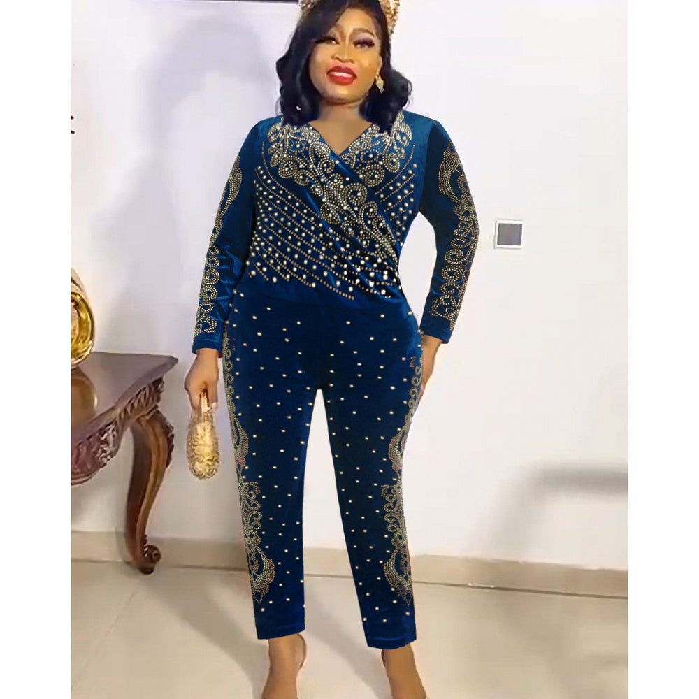 supply fall and winter new products heavy industry hot diamond beading   flannel long sleeves jumpsuit african women