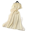 French chic dress for women, spring  new collection, high-end socialite style, beaded round neck, cinched waist, knitted maxi dress