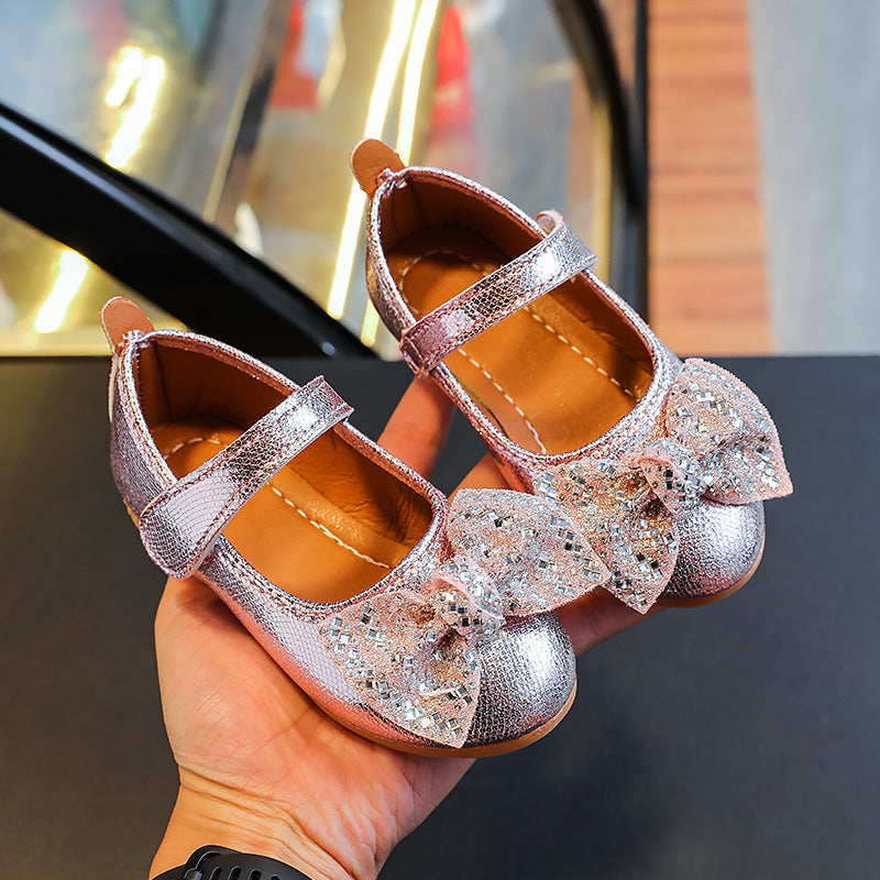 Girls'  spring bowknot soft-soled princess leather shoes - velcro closure, korean style for little princesses (sizes for mid-to-large children)