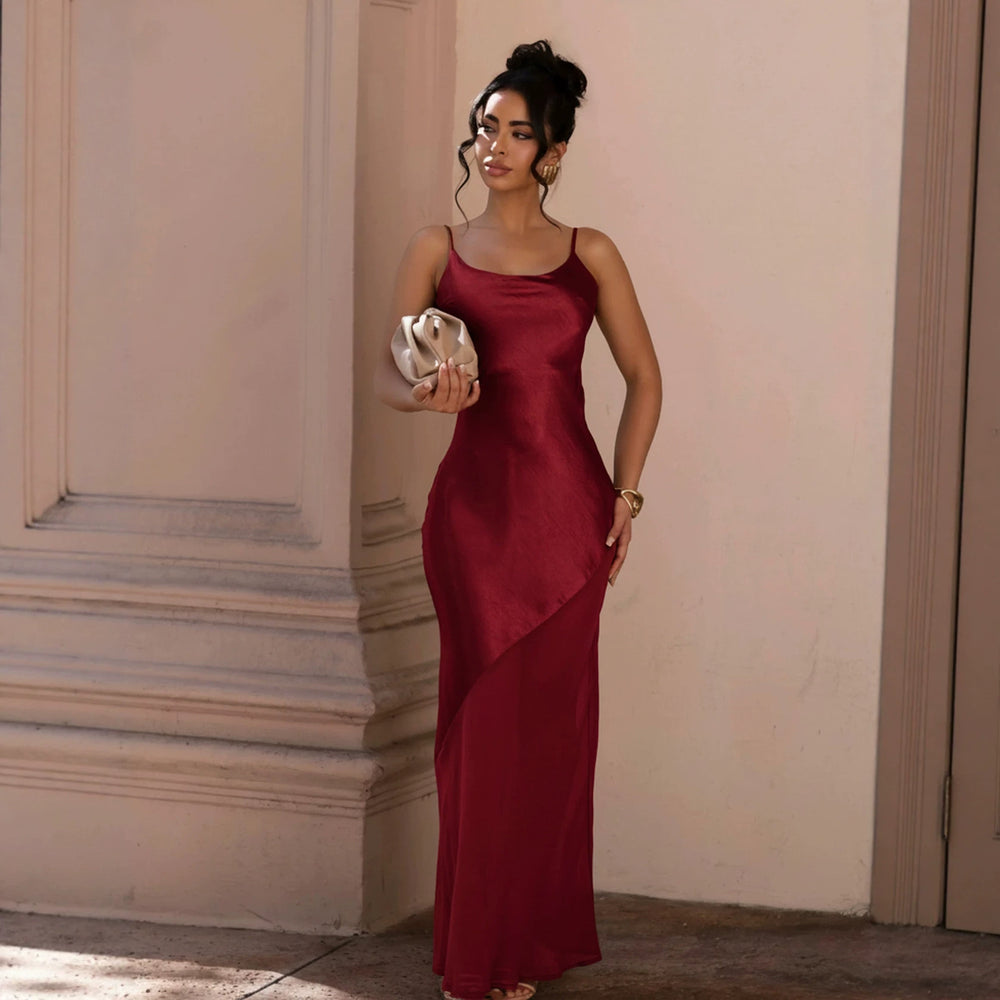 summer new european and american style camisole dress - sexy backless satin patchwork chiffon maxi evening gown