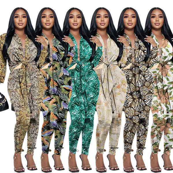 M3115 European and American  printed cardigan tied knot long-sleeved women's clothing two-piece set autumn and winter fashion tight trousers set