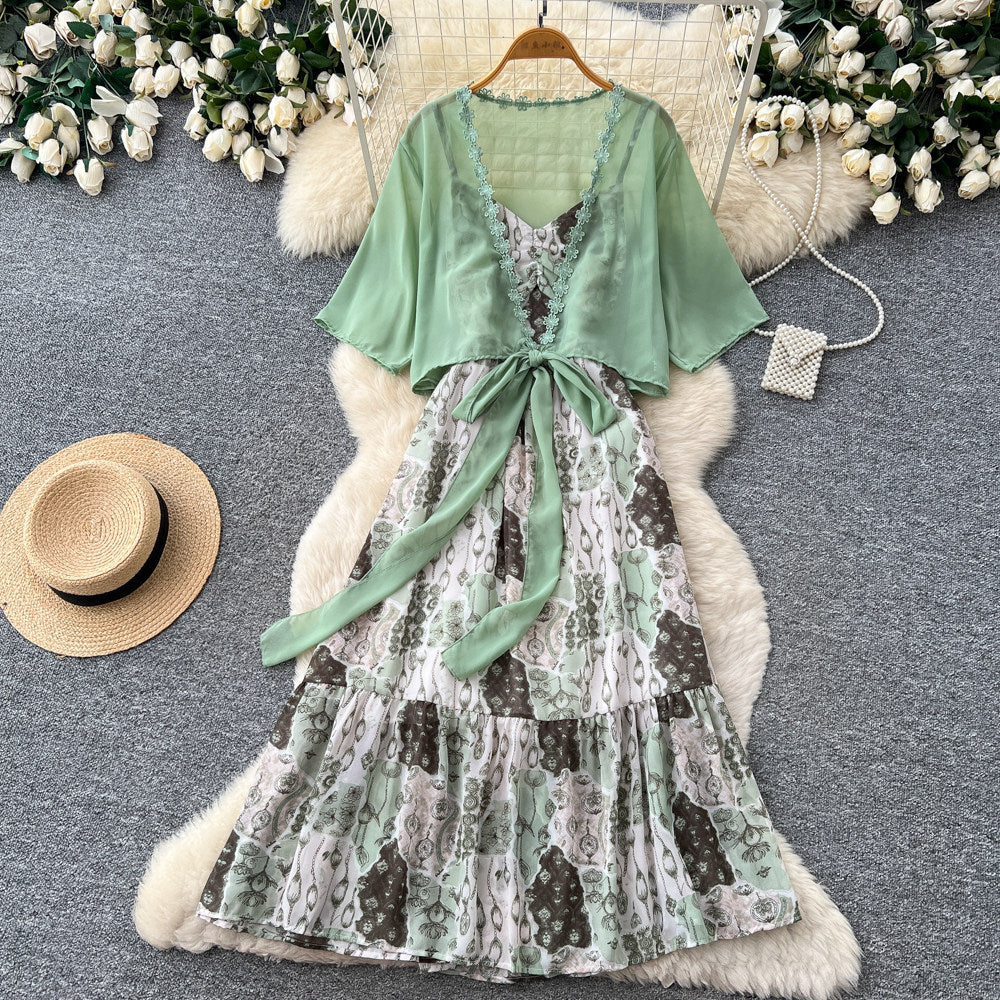 spring new korean style elegant flowing ribbon floral dress women's two-piece set - effortless chic, fashionable workwear