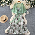 spring new korean style elegant flowing ribbon floral dress women's two-piece set - effortless chic, fashionable workwear