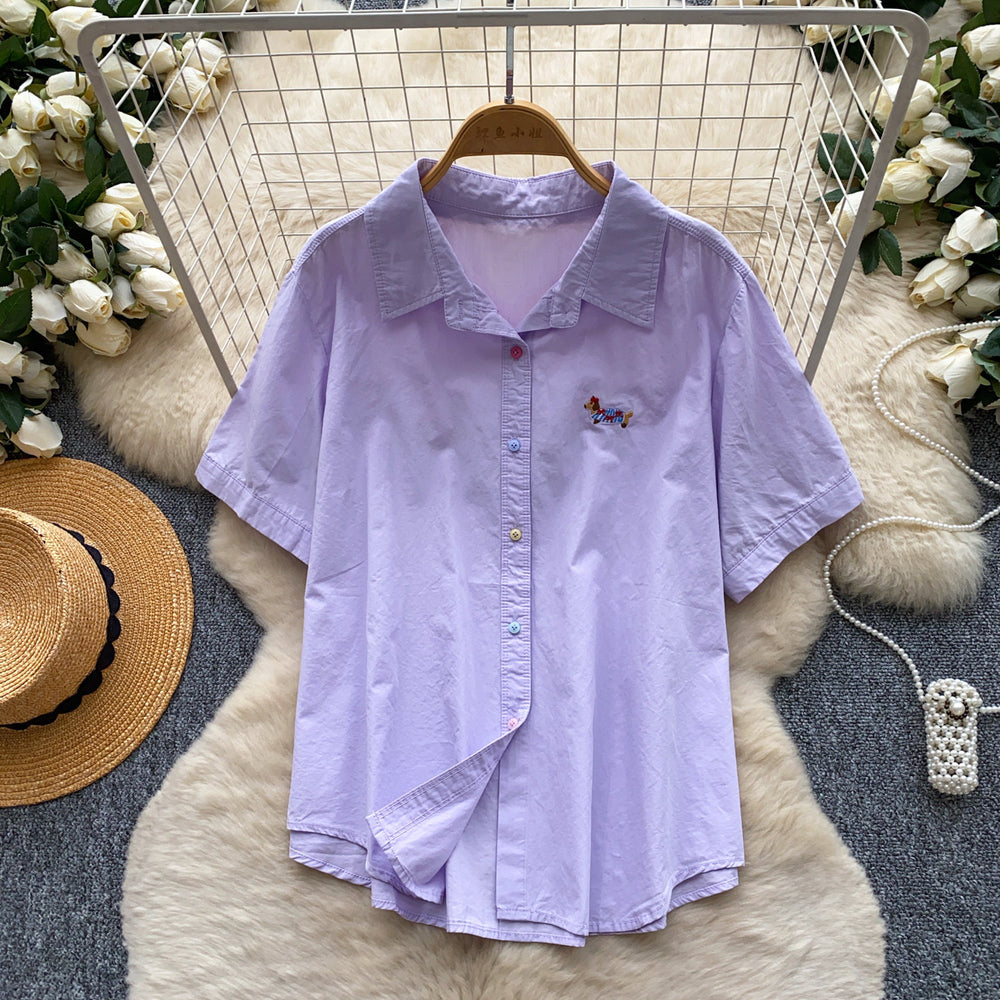 K-style pink polo collar small spur embroider short-sleeved shirt women's summernew arrivallooseeasiest for matchslimming looktops