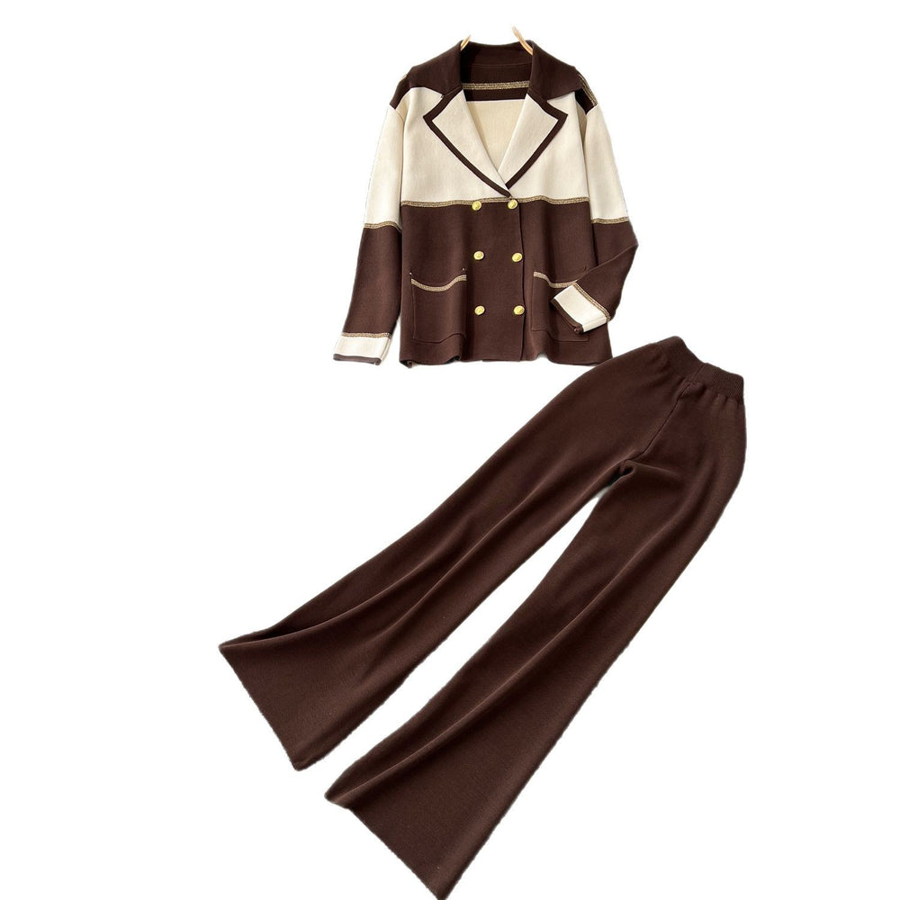 Xiaoxiangfeng outfitsclassysuit women's loosefashion color block lapel knittingcardigan+high waistloose pants