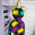 European and american cross-border women's fashion  summer new sleeveless halter color block cinched waist tie-up long elegant dress