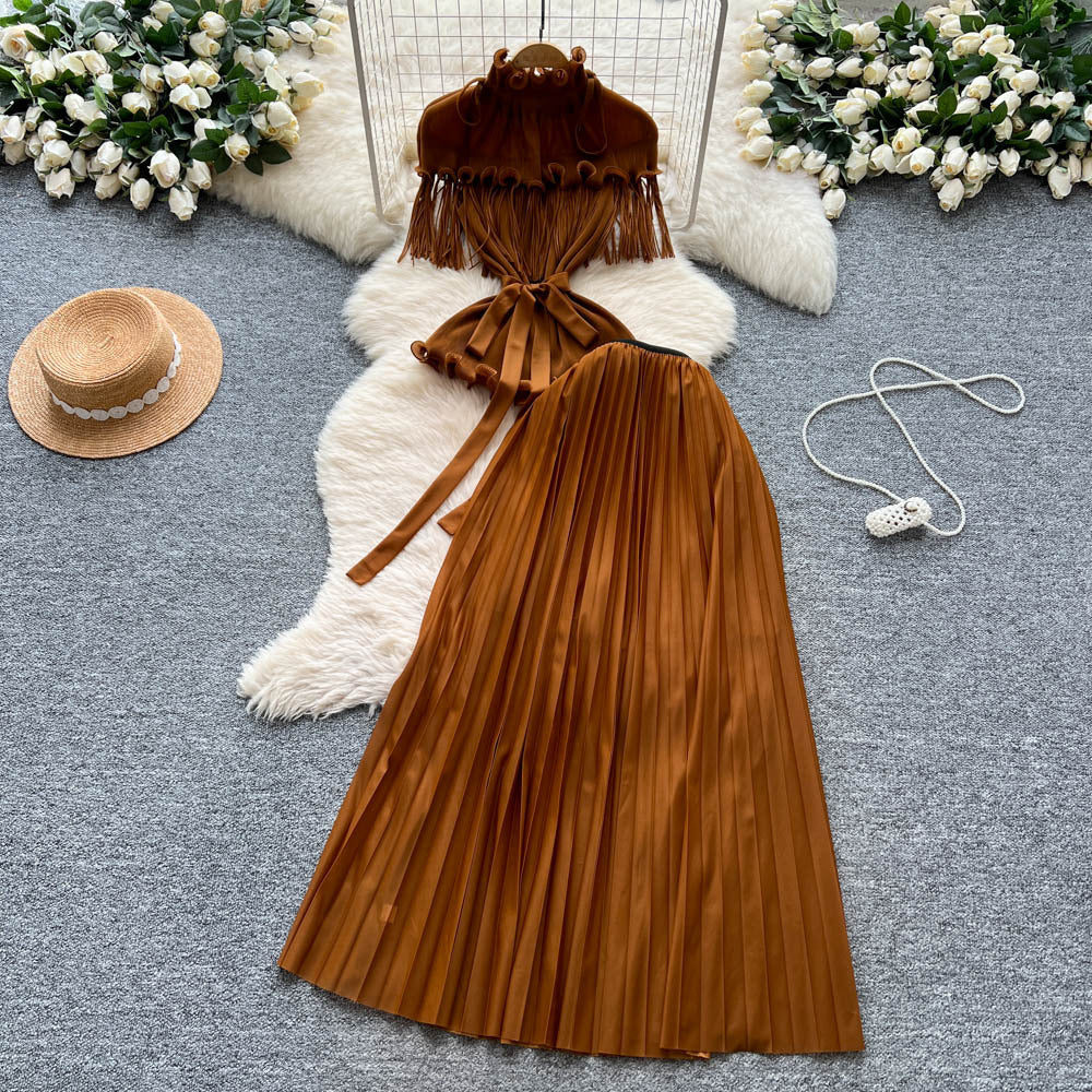 Miya pleated suit women's sense of design strappy waist tassel pleated topshigh waistpleated skirttwo-piece set