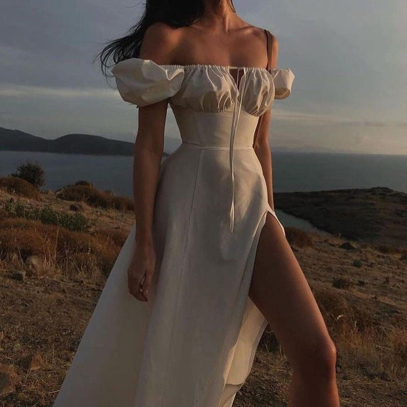 cross-border e-commerce european and american women's clothing: new summer collection - bubble sleeve, high-waisted, slit, solid color vacation dress