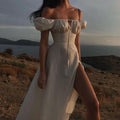 cross-border e-commerce european and american women's clothing: new summer collection - bubble sleeve, high-waisted, slit, solid color vacation dress