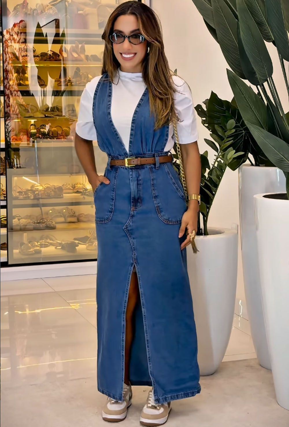 European and american style denim jumpsuit dress -   new cross-border women's fashion deep v slit overalls maxi dress