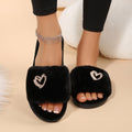 Fuzzy slippers women's 2025 autumn/winter new collection rhinestone flat warm thong slippers trendy fashion cotton slippers plus size