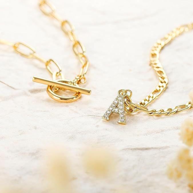 2024 new cross-border fashion necklace: layered initial pendant with cubic zirconia and interlocking paperclip chain