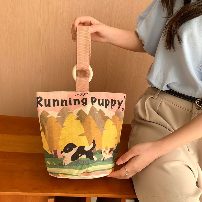 Cute cartoon canvas tote bag for women, 2024 new style handheld bucket bag, large capacity lunch bag, fashionable cloth handbag