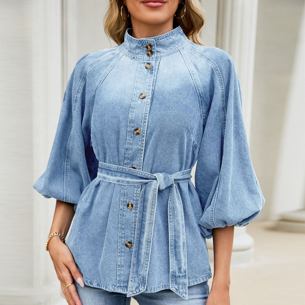 Fashion cross-border foreign trade  new stand-up collar lantern three-quarter sleeves with built-in belt waist style single-breasted top