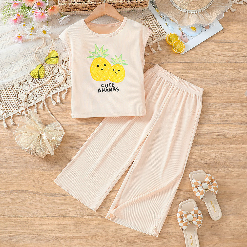 Girls' summer outfit: light pink pineapple & letter print sleeveless top and pants set