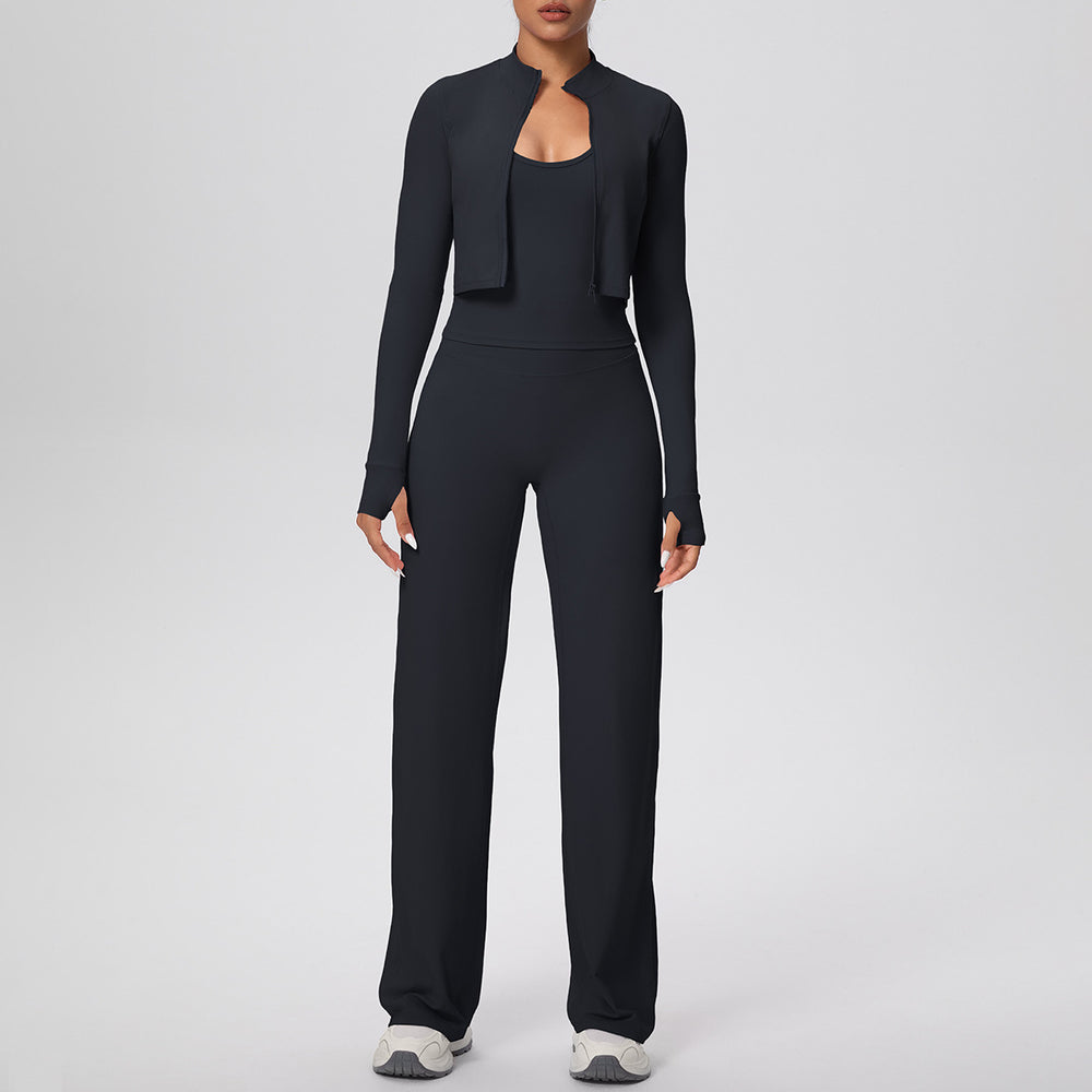 brushed tight drawstring halter vest wide-leg long three-piece set sports running fitness yoga suit