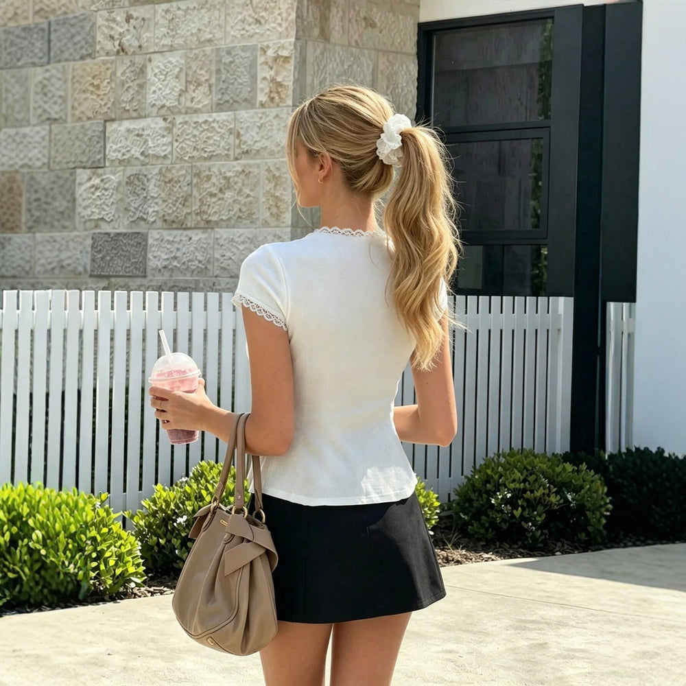 new lace trim short sleeve top - women's single-breasted, waist-defining, slimming, versatile t-shirt