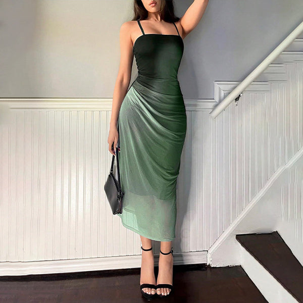 ,  European and American women's clothing, women's mesh sexy slim suspender backless dress wrinkles and gradual change of color