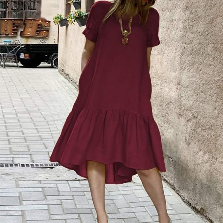 cross-border solid color crew neck short sleeve cotton pullover ruffle hem midi dress for women
