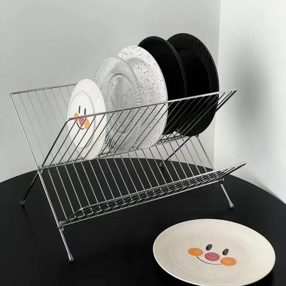 X-shaped foldable dish rack, double-layer kitchen drainer, countertop dish drying rack with water collection tray, kitchen utensil organizer