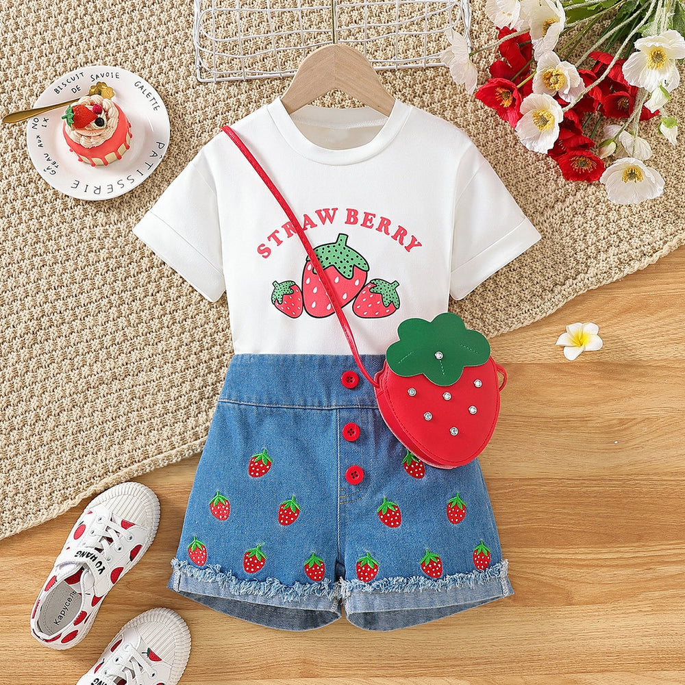 hot selling girls' crew neck printed tee + strawberry print denim shorts + bag set for little girls