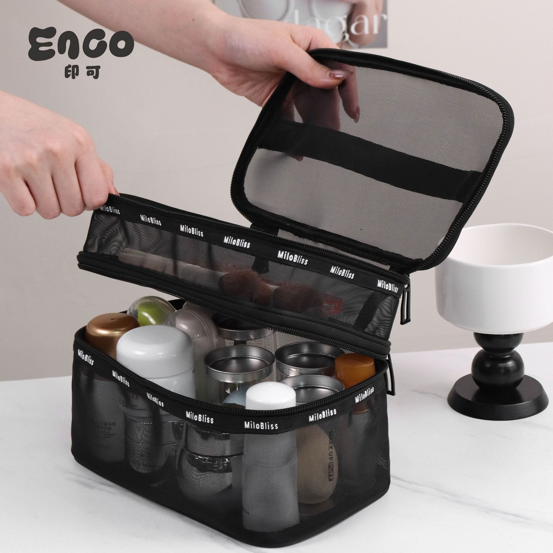 Popular black mesh multi-functional layered cosmetic bag large-capacity cosmetic storage bag portable wash bag bag bag