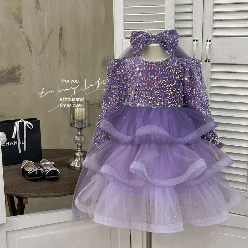 Girls' dress - spring  new collection: stylish and sophisticated purple performance gown for baby girls, princess dress for children