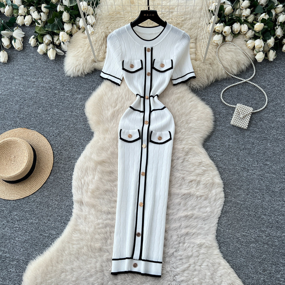 Accessible luxury tweed styleknitting gentle dress women's summer metal buckle silmslimming looka-line eleganceelegant long skirt