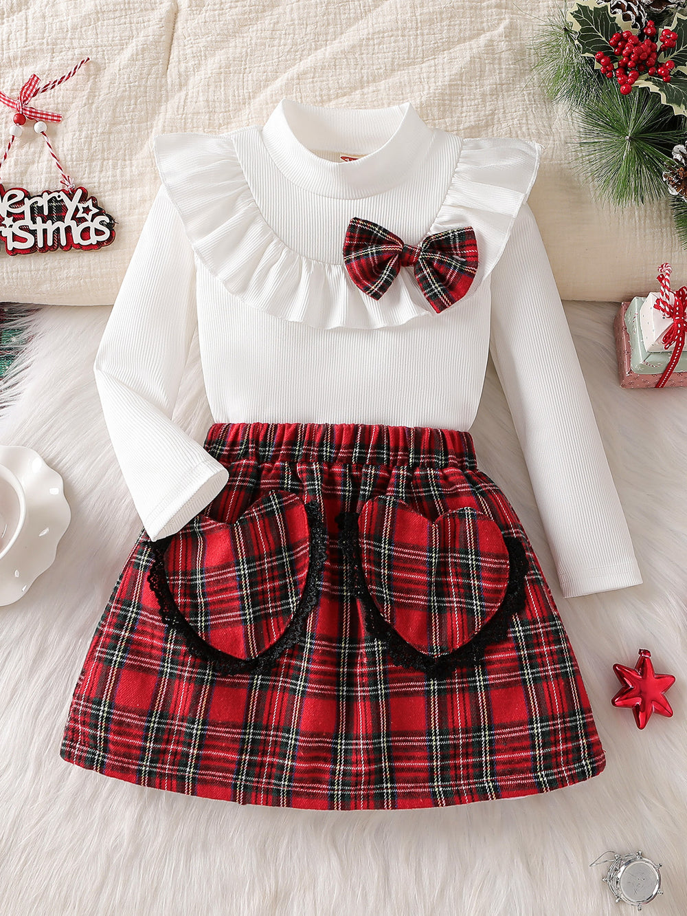 autumn cross-border girls' ruffle collar top + plaid heart patchwork skirt two-piece set
