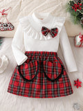 autumn cross-border girls' ruffle collar top + plaid heart patchwork skirt two-piece set