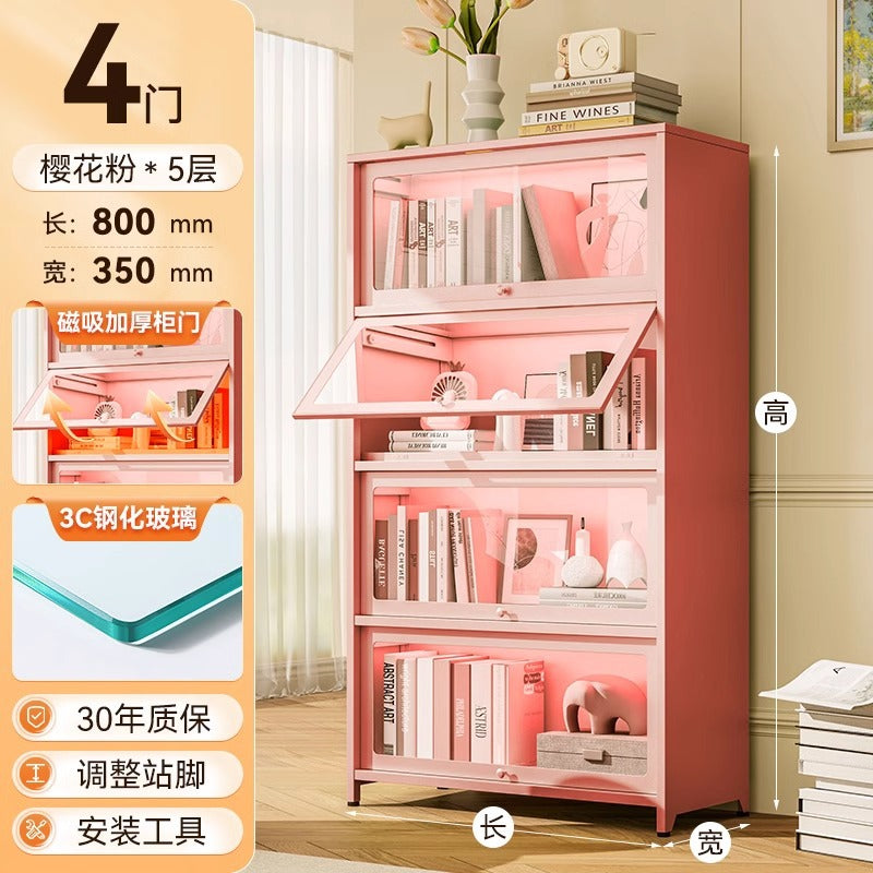 Steel bookcase with glass doors, kids' bookshelf, home living room storage cabinet, dustproof display cabinet, iron art shelf