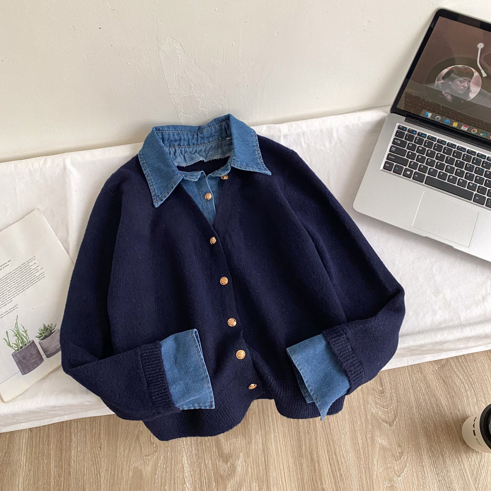 K-style denim patchworkfake two-piece knitting shirtsweater women's looseslimming lookwork clothing styletopsautumeasiest for match