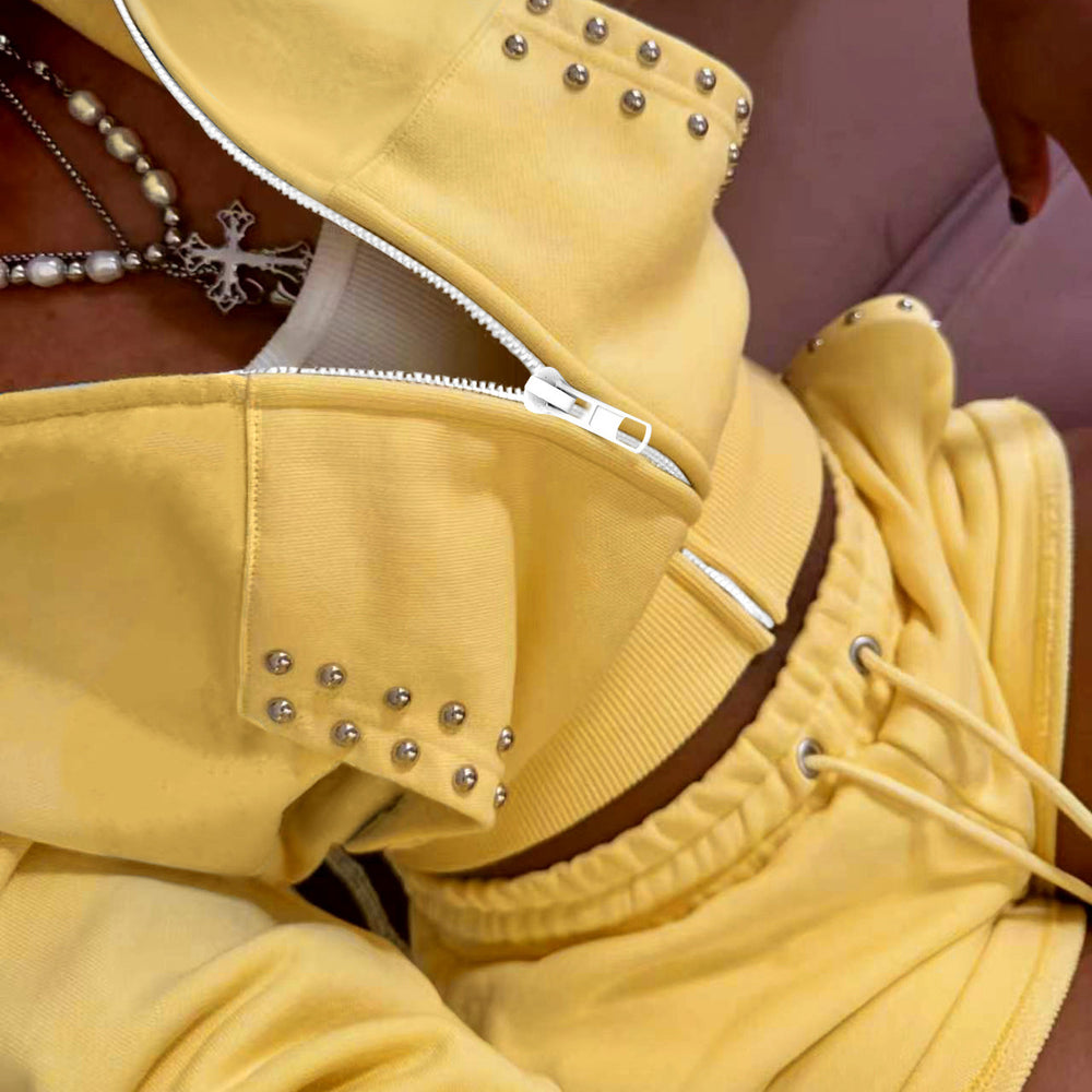 S391631 cross-border women's clothing rivet sportswear suit yellow zipper sweatshirt jacket drawstring shorts two-piece set