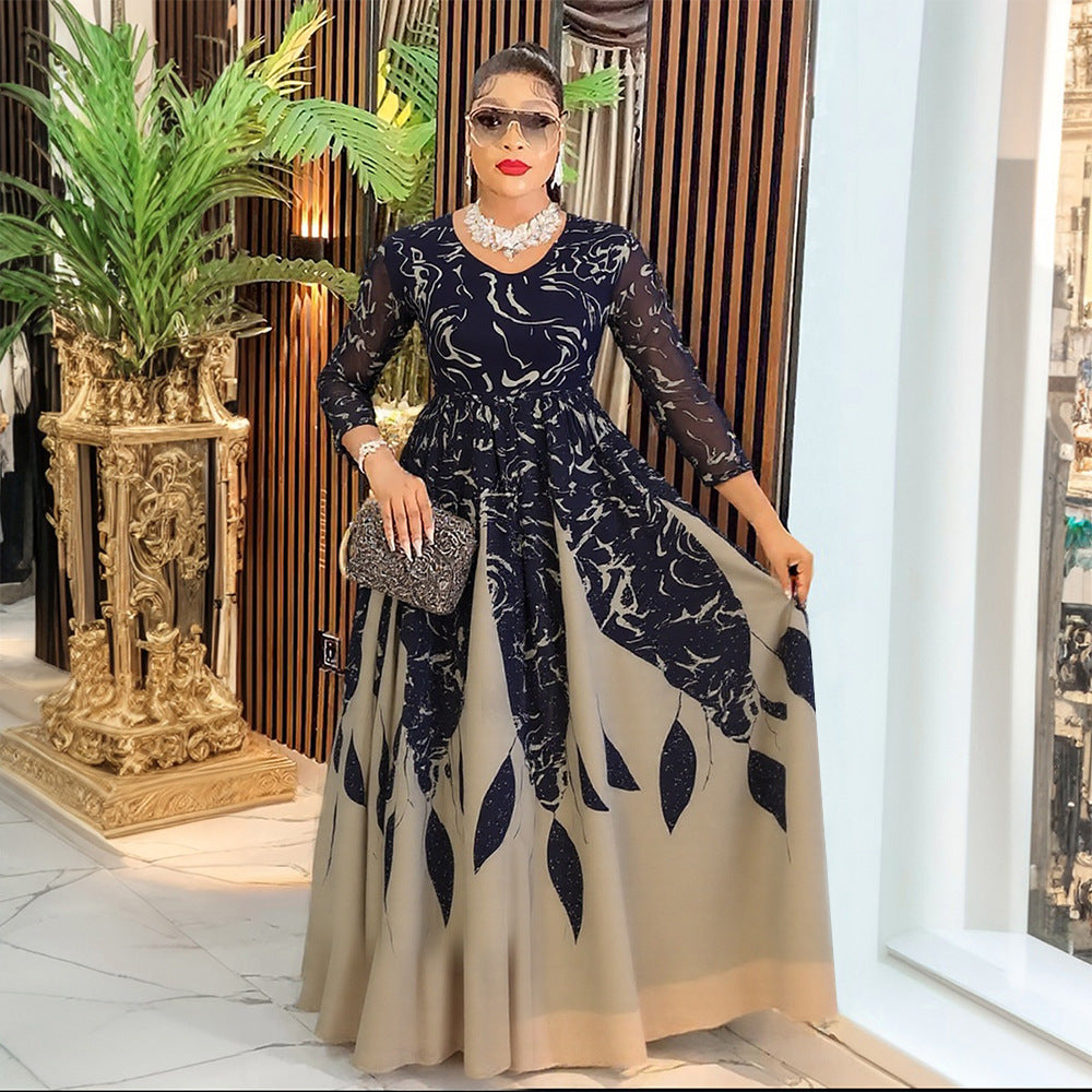 fashiondress african women's plus size  long sleeveseleganceprinting chiffon long skirt