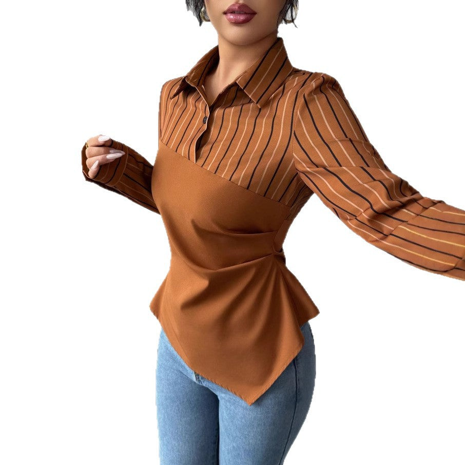 Amazon fashion  autumn new striped patchwork elegant chic workwear blouse