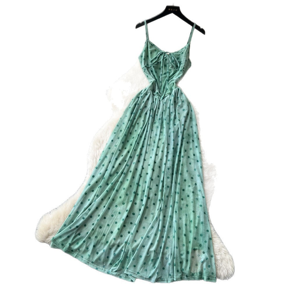 French riviera style green polka dot cami dress - women's summer versatile high-waisted slimming elegant maxi dress