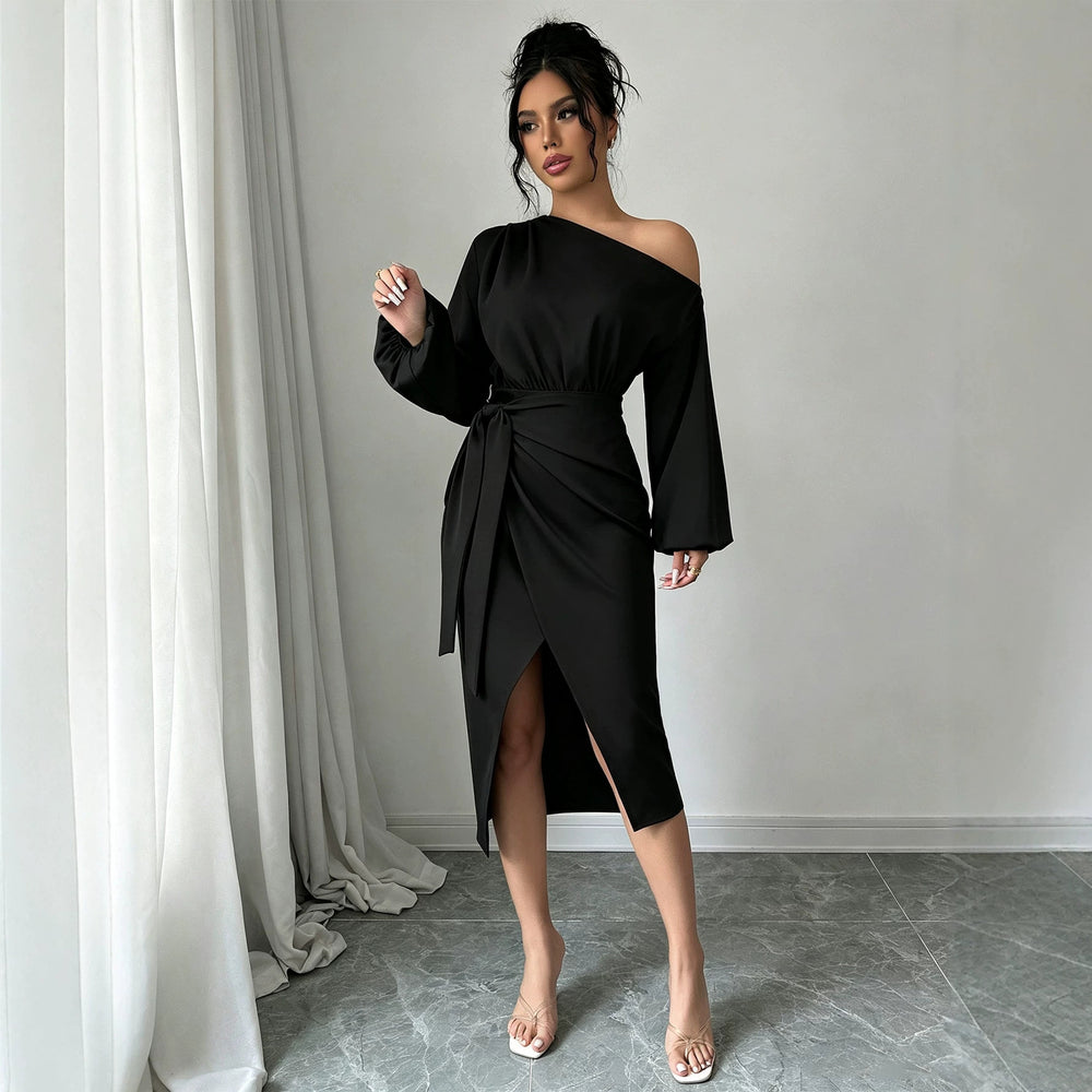 Fashionnew arrival oblique collar off-shoulder long sleevesdress waist pleated asymmetrical slit mid-length skirt elegant evening dress