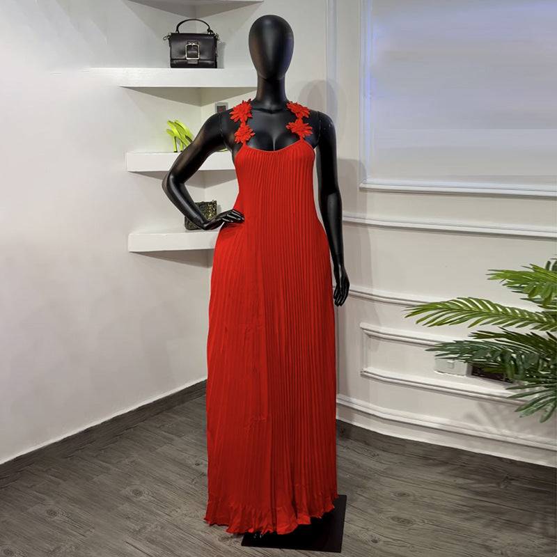 European and american cross-border women's fashion:  spring new arrival - elegant 3d floral shoulder strap solid color pleated backless cami dress
