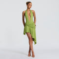 European and american style women's summer  new collection: halter neck deep v sexy backless top with asymmetrical pleated midi skirt set