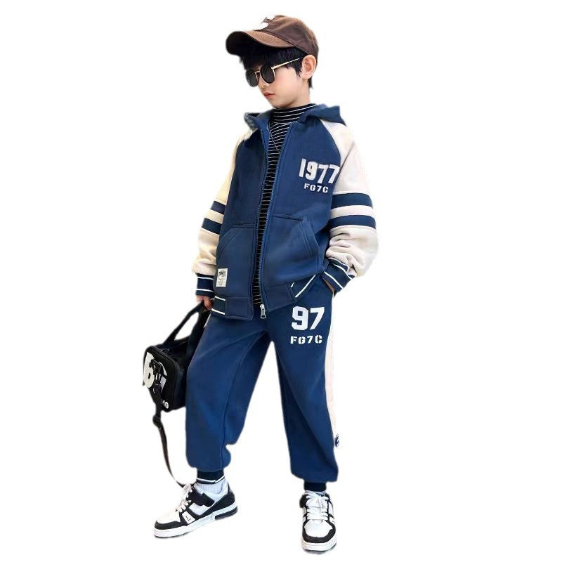 Boys' winter outfit set  new winter double-sided fleece two-piece set, mid-to-large children's autumn/winter style, boys' fleece-lined
