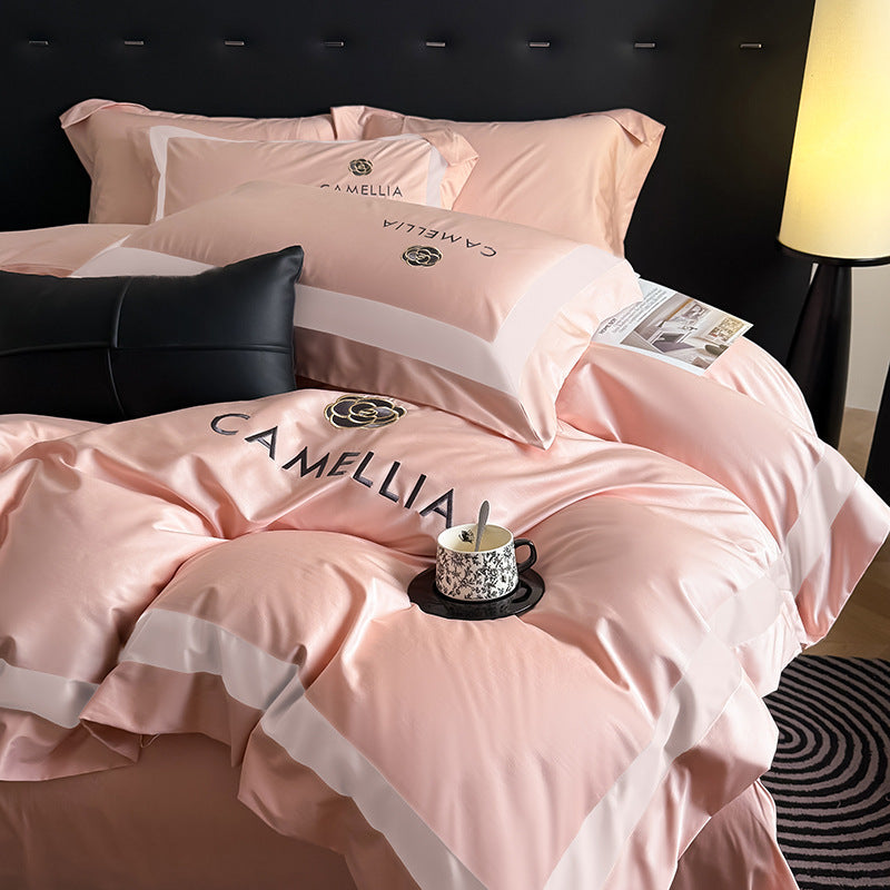 Solid color four-piece cotton light luxury high-end pure cotton quilt cover bed sheet villa model room master bedroom bedding