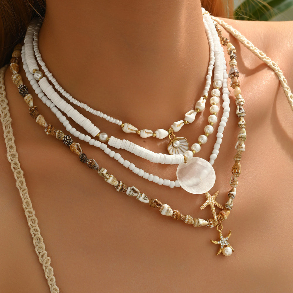 Wholesale beach necklace - european & american style - cross-border e-commerce - beach vacation - starfish, shell, pearl choker - layered beaded clavicle chain for women