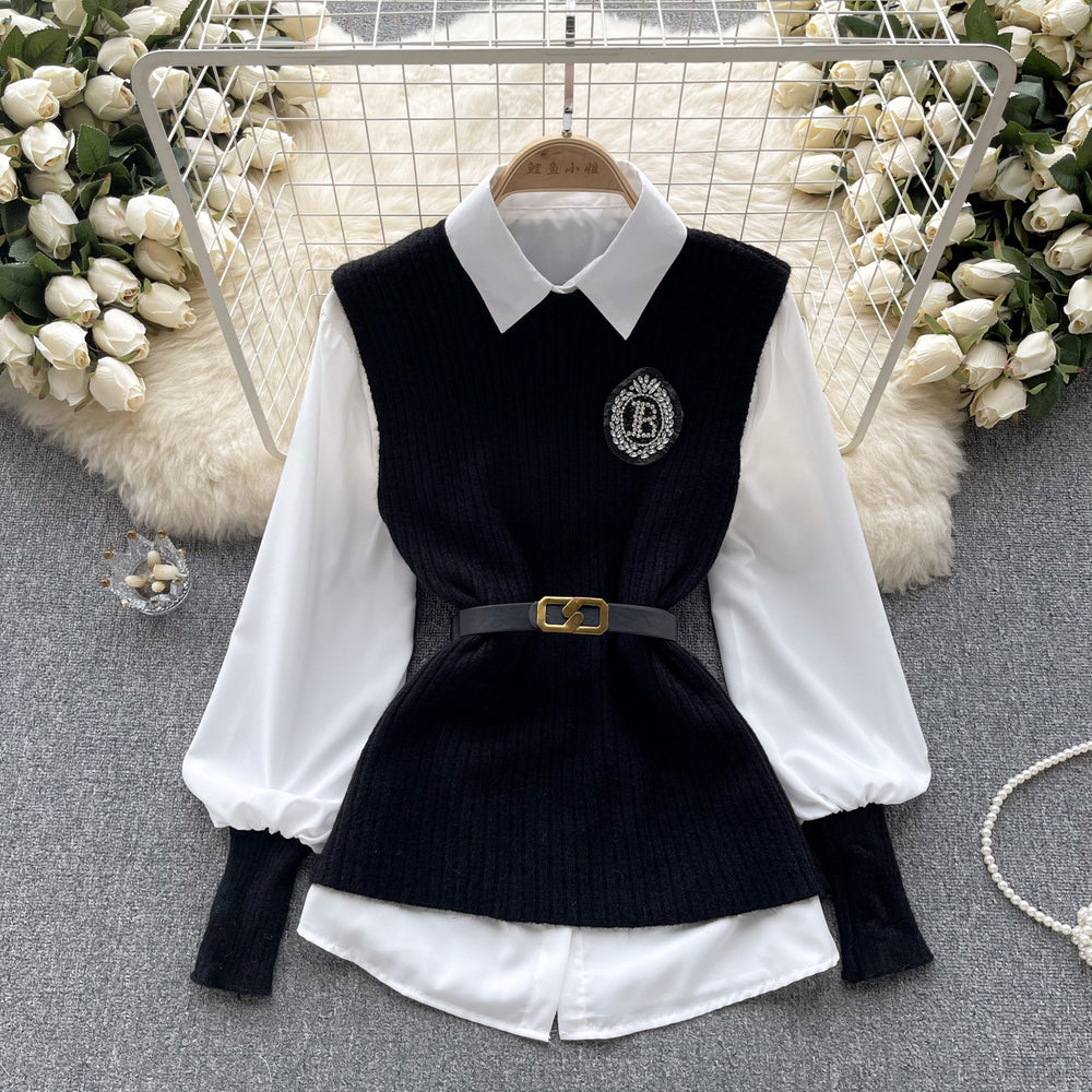 Preppy chic: women's luxury-inspired outfit set - solid color, relaxed fit long sleeve blouse + knit vest (autumn/winter)
